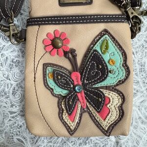 Chala Butterfly Cell Phone Crossbody Purse Bag Tan Vegan Leather Travel Festival